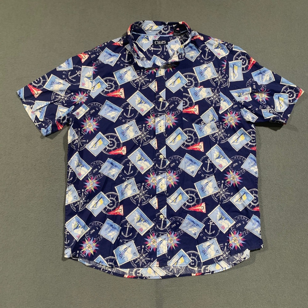 Chaps Button Down Shirt Mens XXL Nautical Postage Stamp Print Navy Short Sleeve